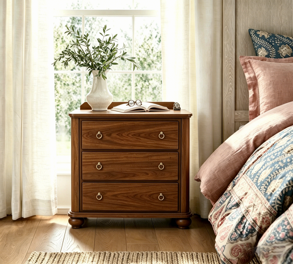 Vintage Nightstand with Backguard & Built-in Power Outlet – Three Drawers