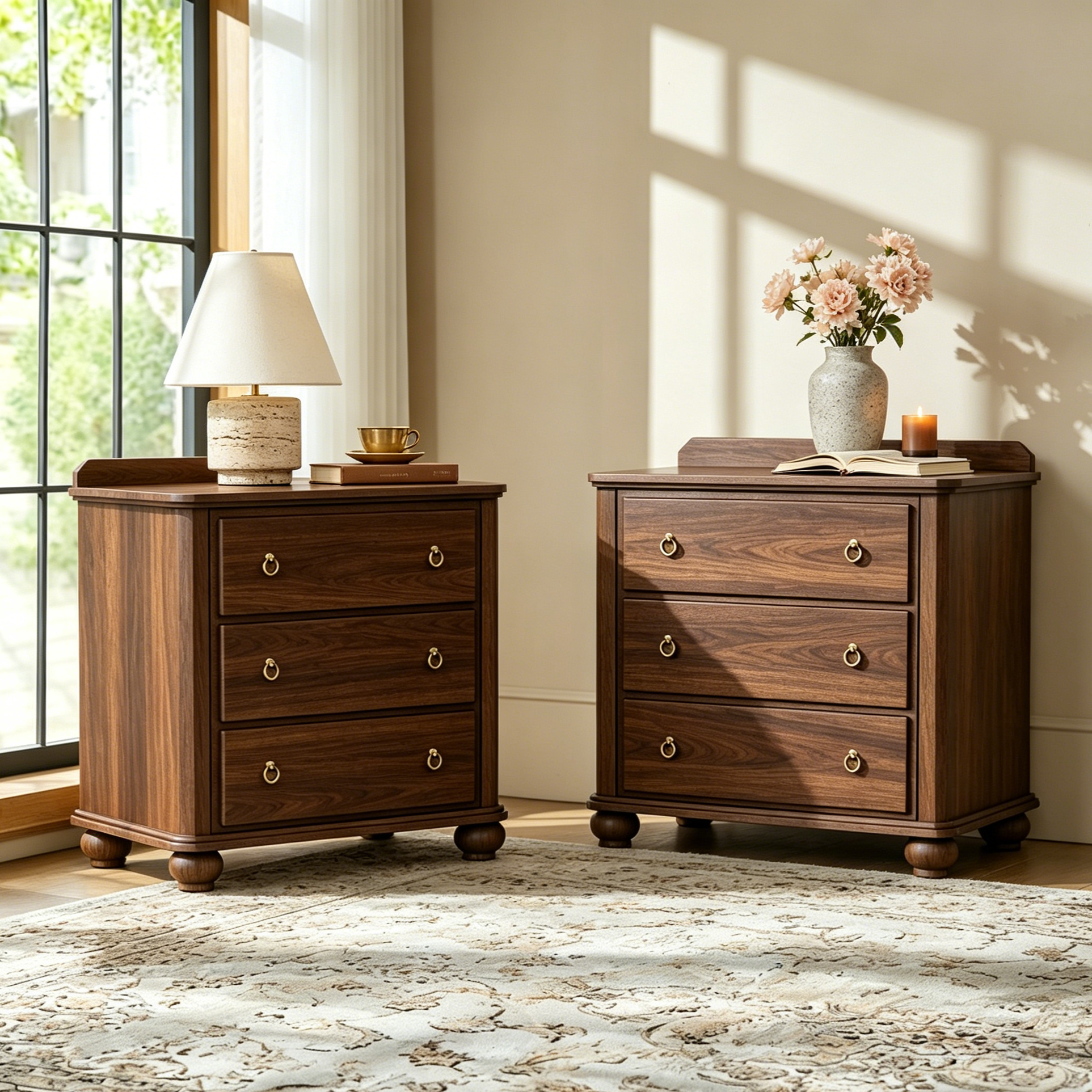 Vintage Nightstand with Backguard & Built-in Power Outlet – Three Drawers