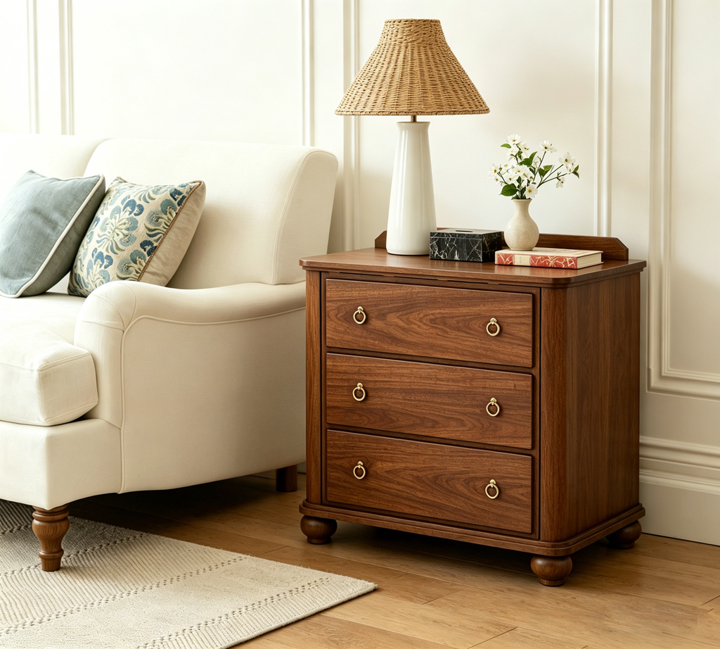 Vintage Nightstand with Backguard & Built-in Power Outlet – Three Drawers