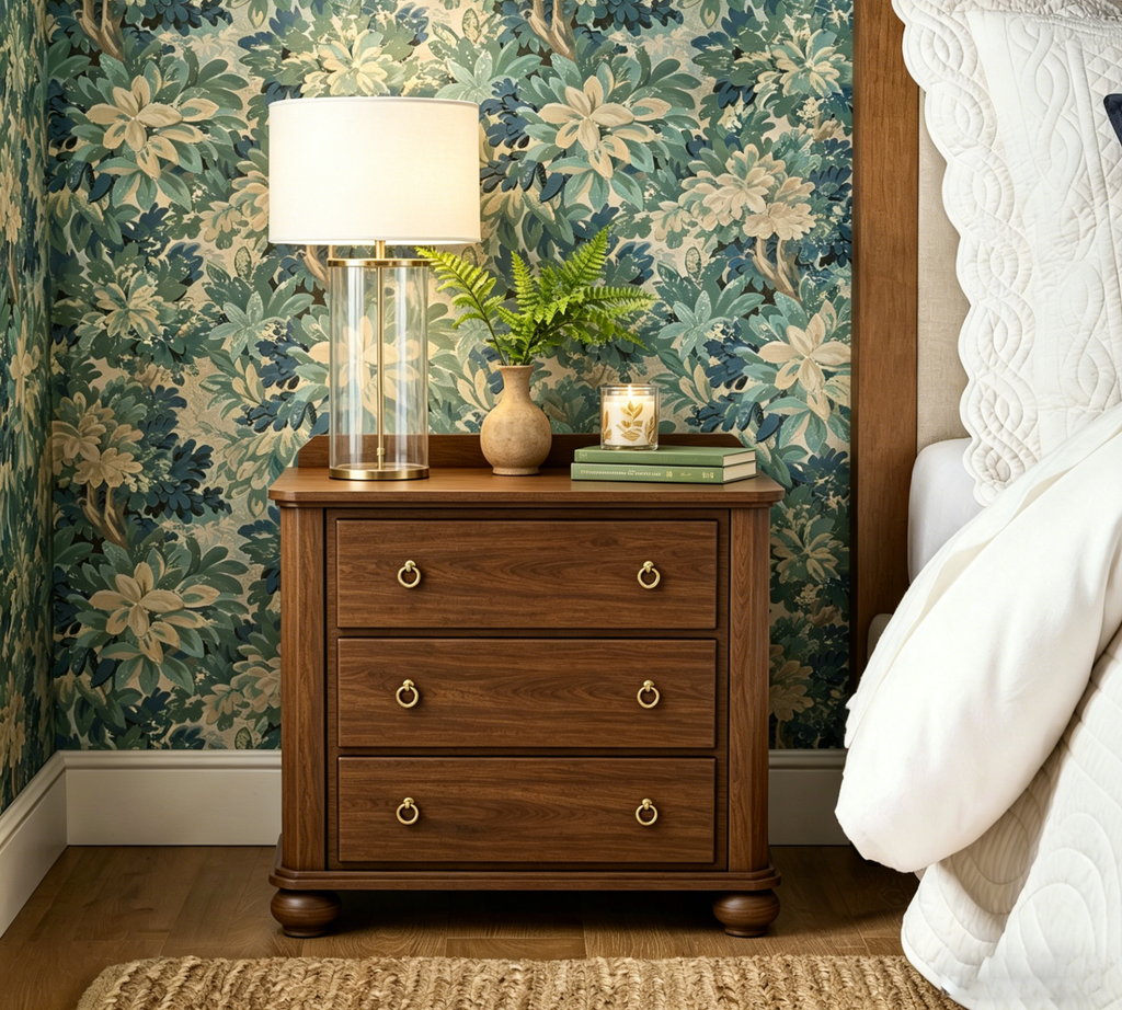 Vintage Nightstand with Backguard & Built-in Power Outlet – Three Drawers