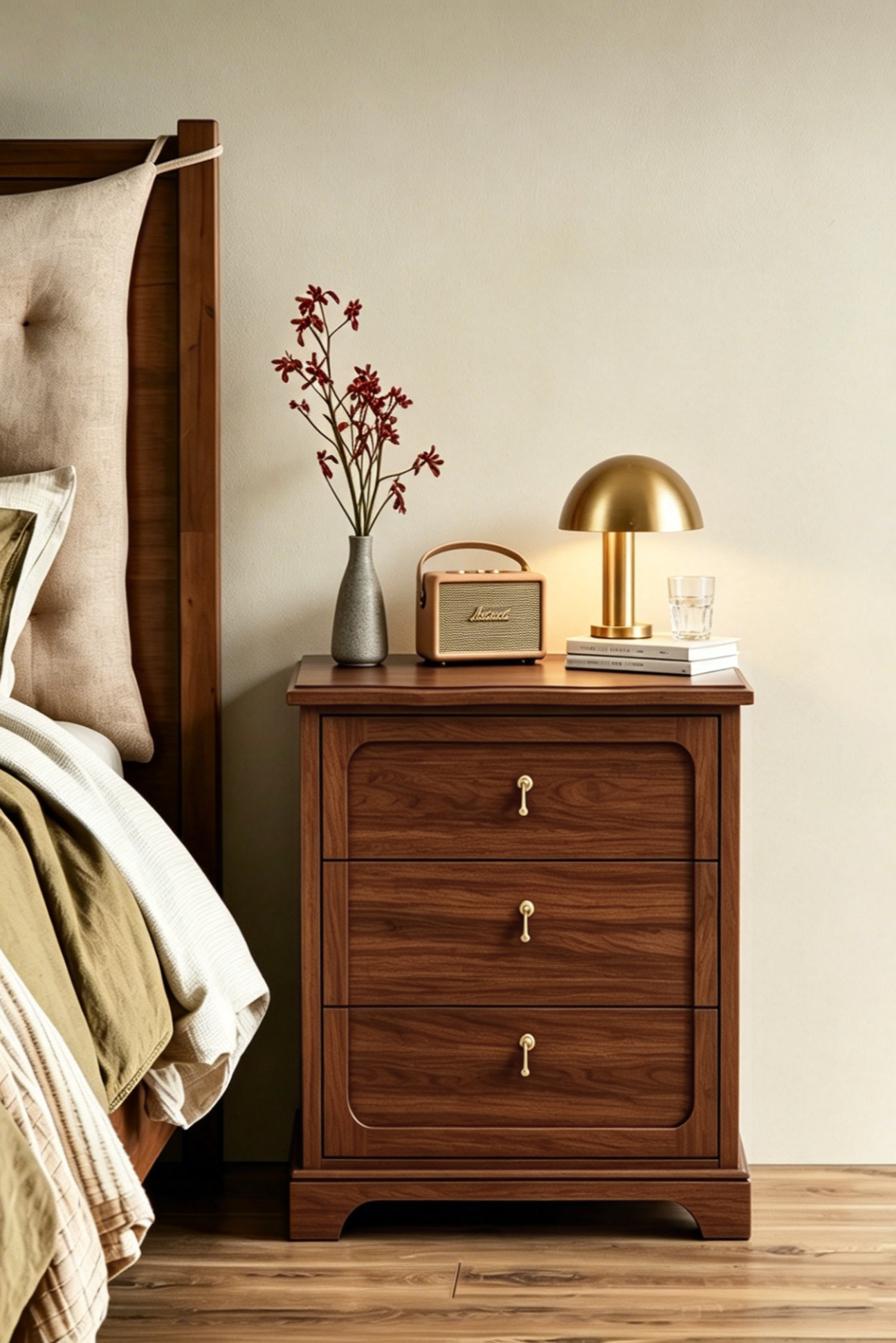 Vintage Mid-Century Nightstand with Charging Station – Three Drawers & Marble-Look Top