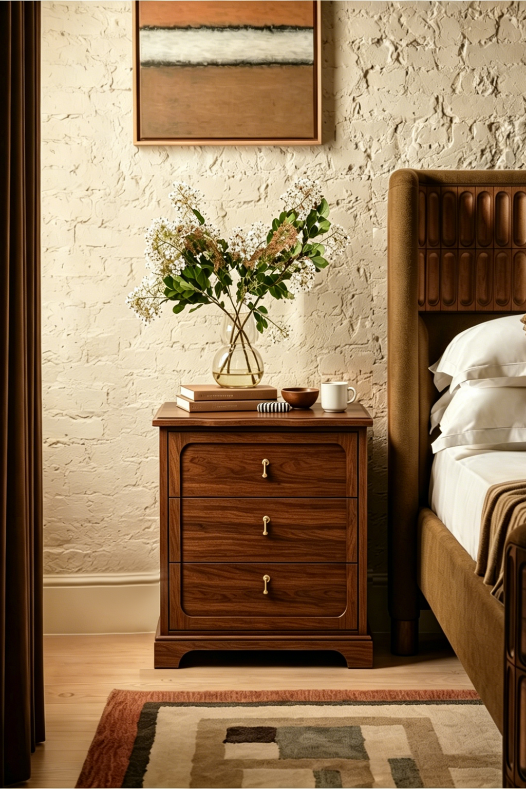 Vintage Mid-Century Nightstand with Charging Station – Three Drawers & Marble-Look Top