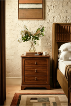 Vintage Mid-Century Nightstand with Charging Station – Three Drawers & Marble-Look Top