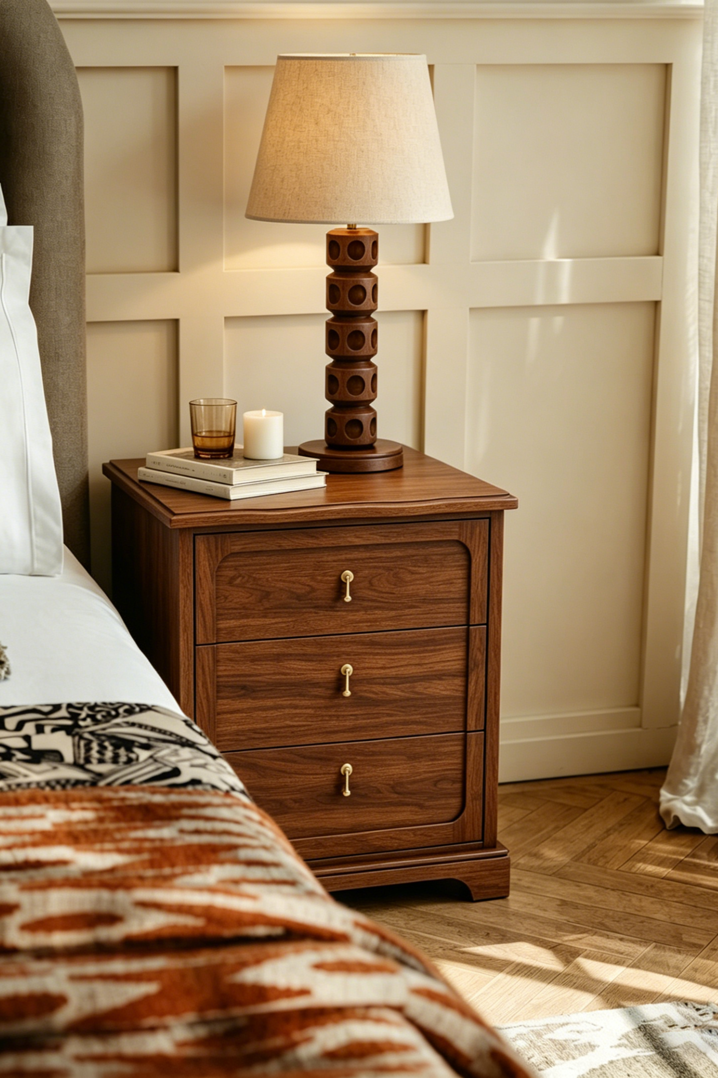 Vintage Mid-Century Nightstand with Charging Station – Three Drawers & Marble-Look Top
