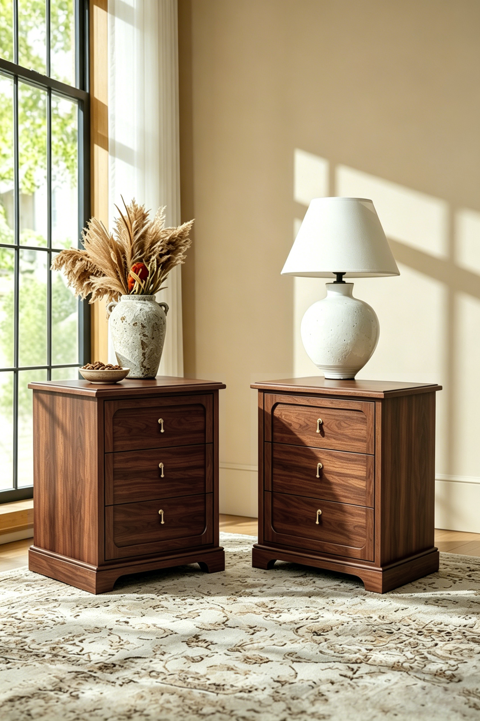 Vintage Mid-Century Nightstand with Charging Station – Three Drawers & Marble-Look Top