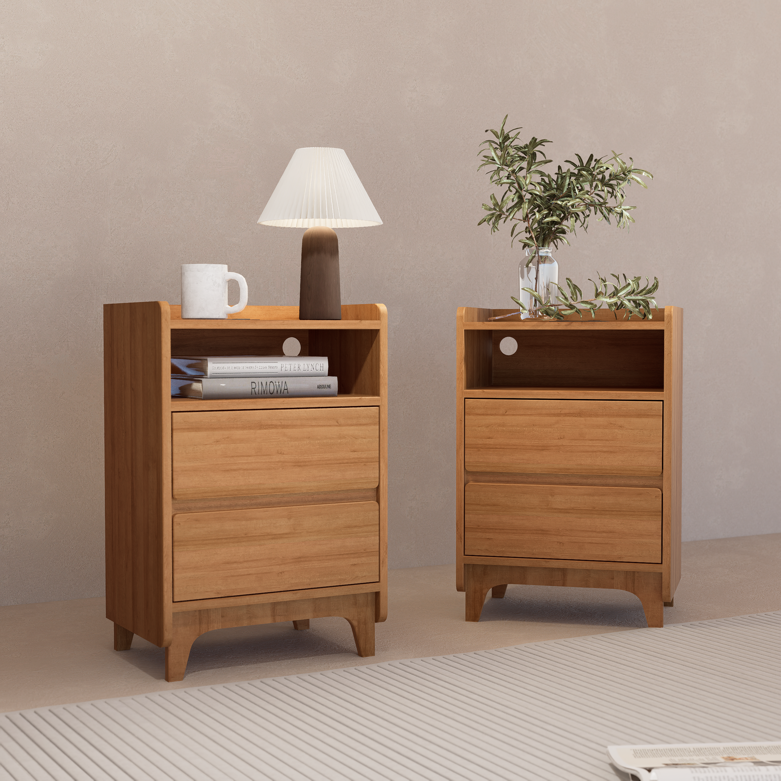 Minimalist Wooden Nightstands Set in Light Oak Finish