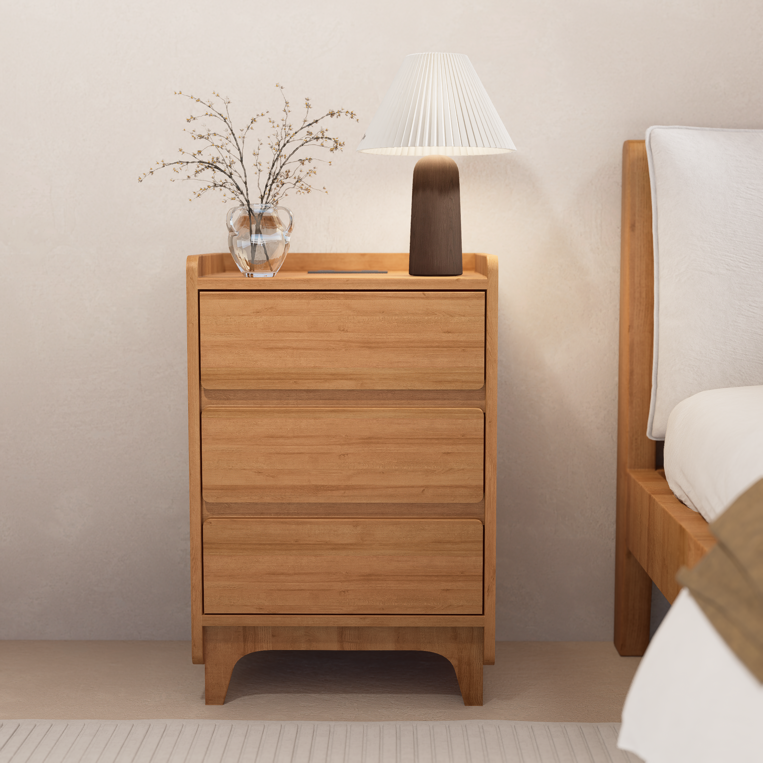 Minimalist Wooden Nightstand in Light Oak Finish
