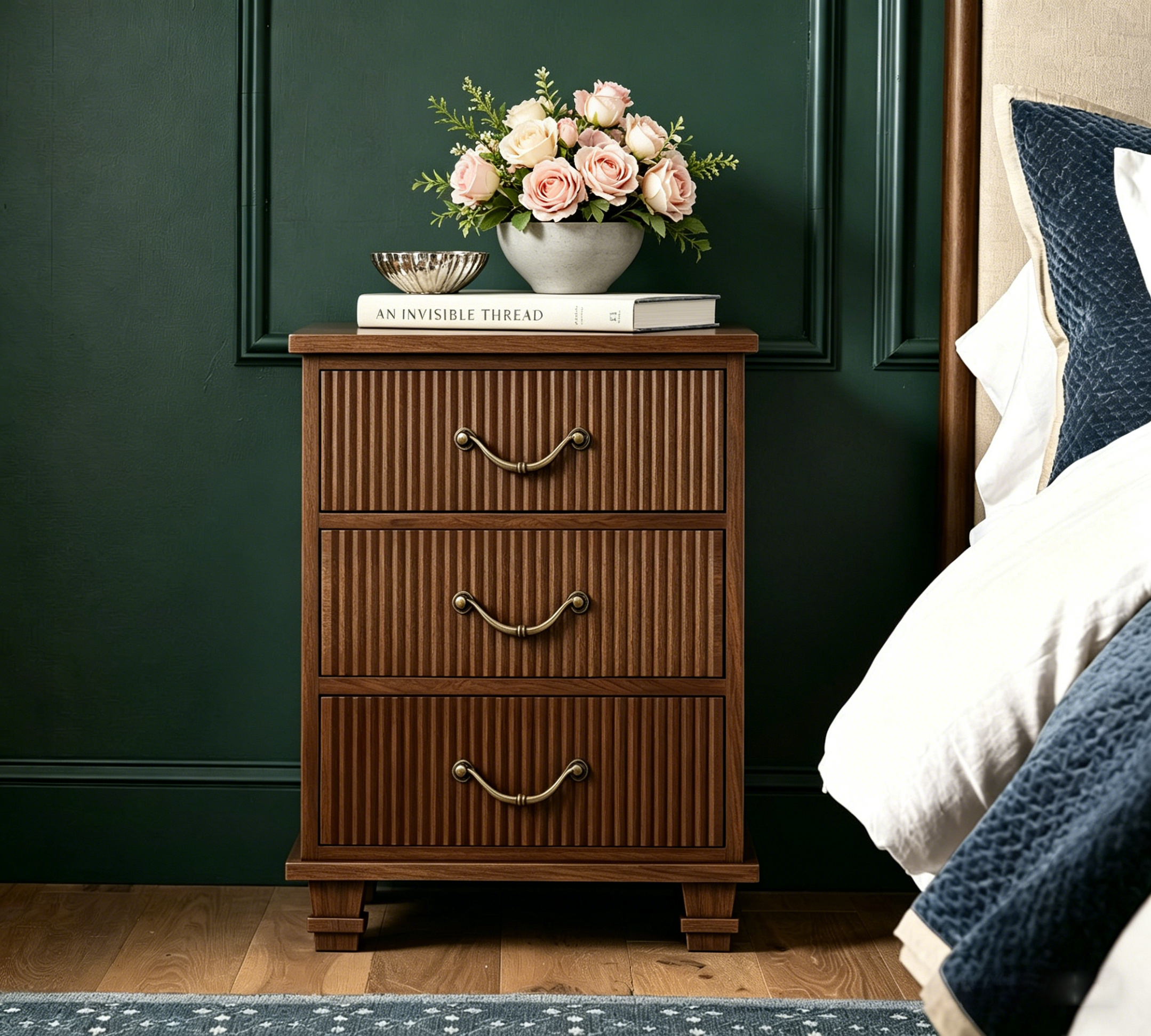 Vintage Wooden Nightstand with Fluted Texture, 3 Drawers and Charging Outlet