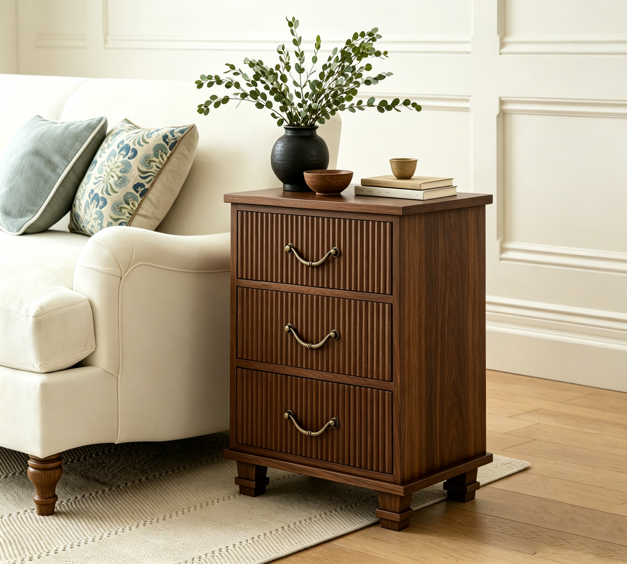 Vintage Wooden Nightstand with Fluted Texture, 3 Drawers and Charging Outlet
