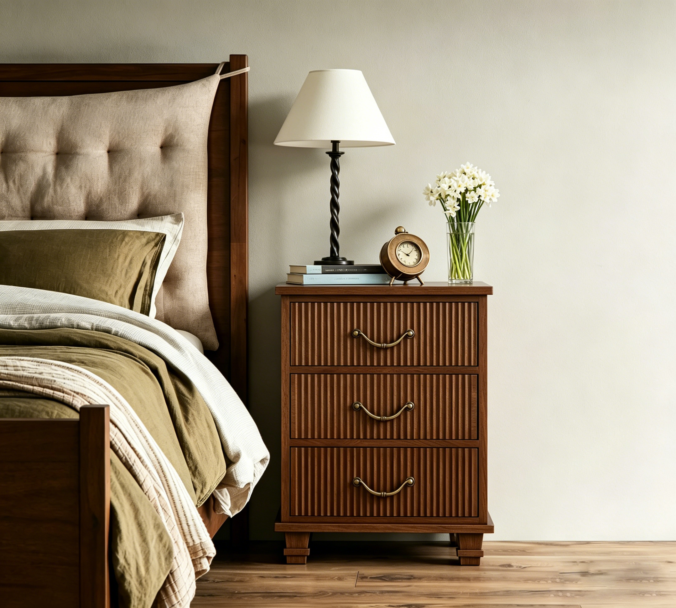 Vintage Wooden Nightstand with Fluted Texture, 3 Drawers and Charging Outlet