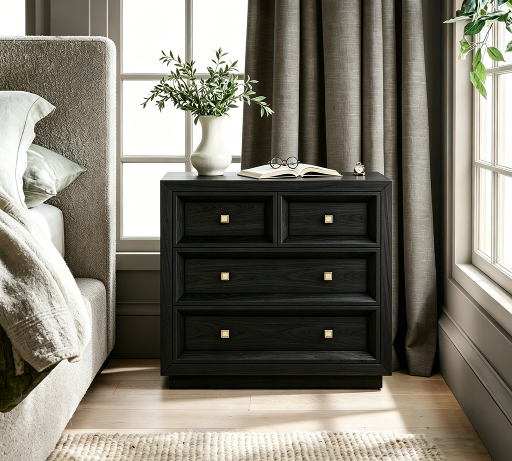 Extra Large Wooden Nightstand with Waffle Pattern Drawer Fronts, 3 Drawers and Charging Outlet, Fits Any Home Style