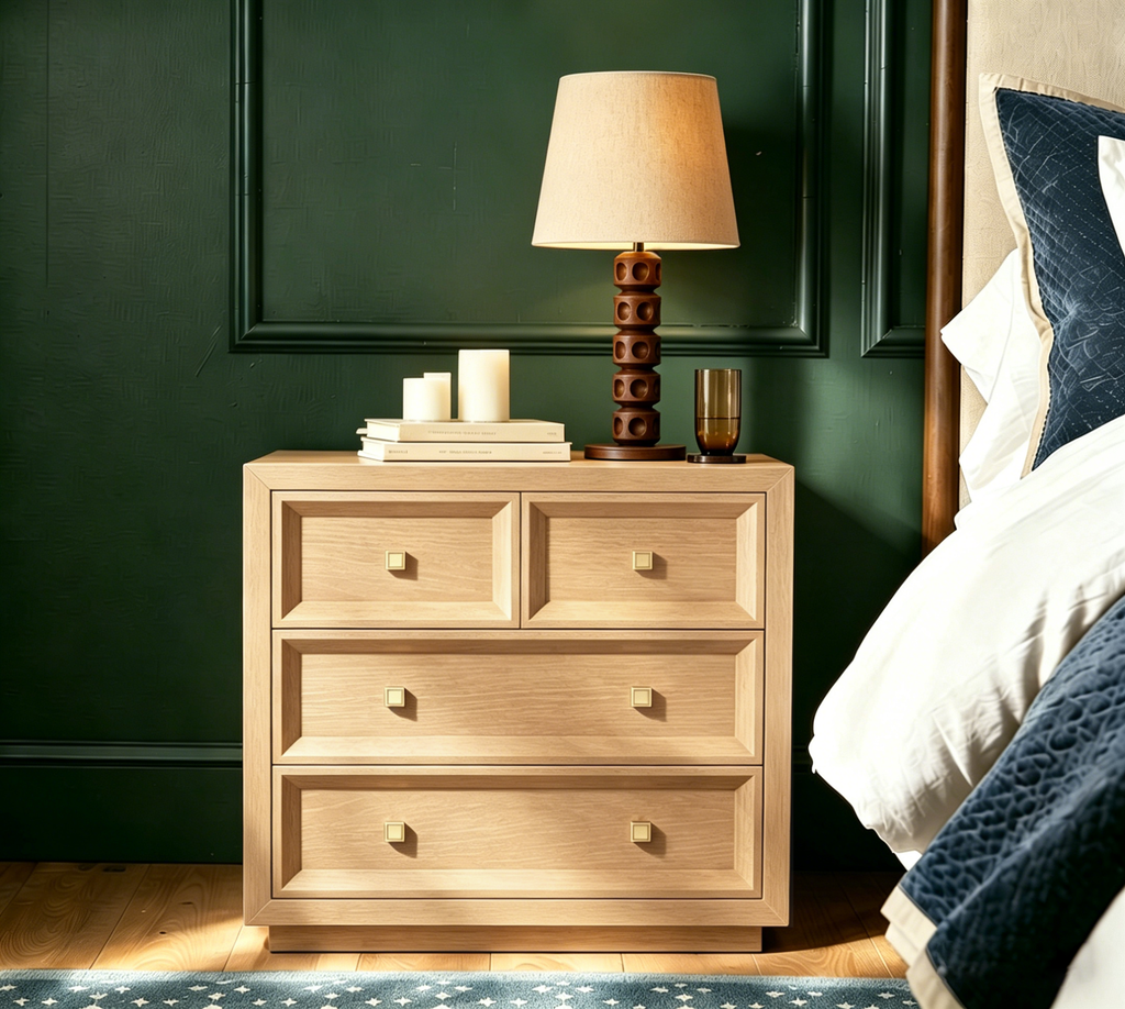 Extra Large Wooden Nightstand with Waffle Pattern Drawer Fronts, 3 Drawers and Charging Outlet, Fits Any Home Style