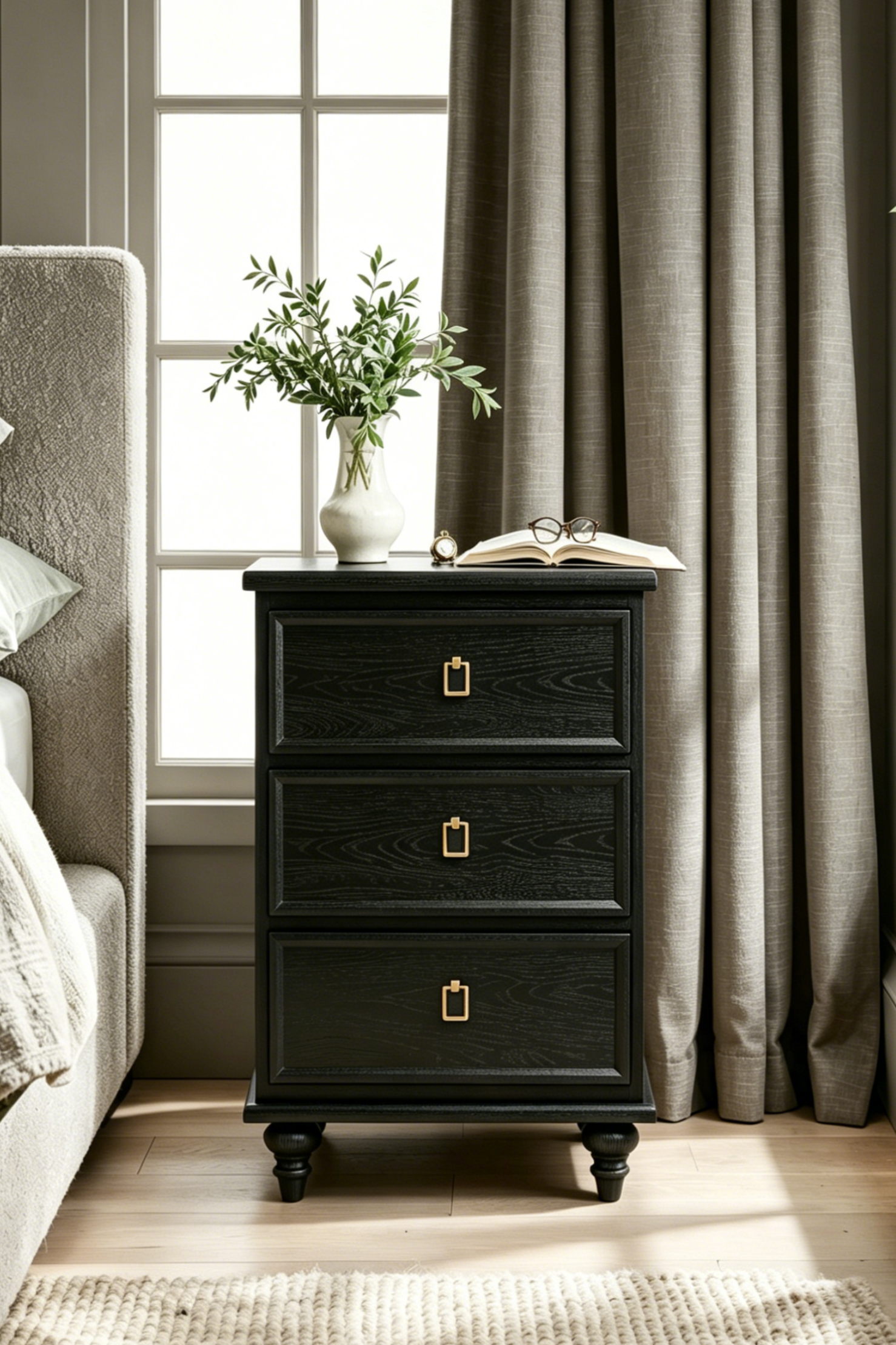 Vintage Wooden Nightstand with Turned Legs & Wrapped Round Corners, 3 Drawers and Charging Outlet, Fits Any Home Style