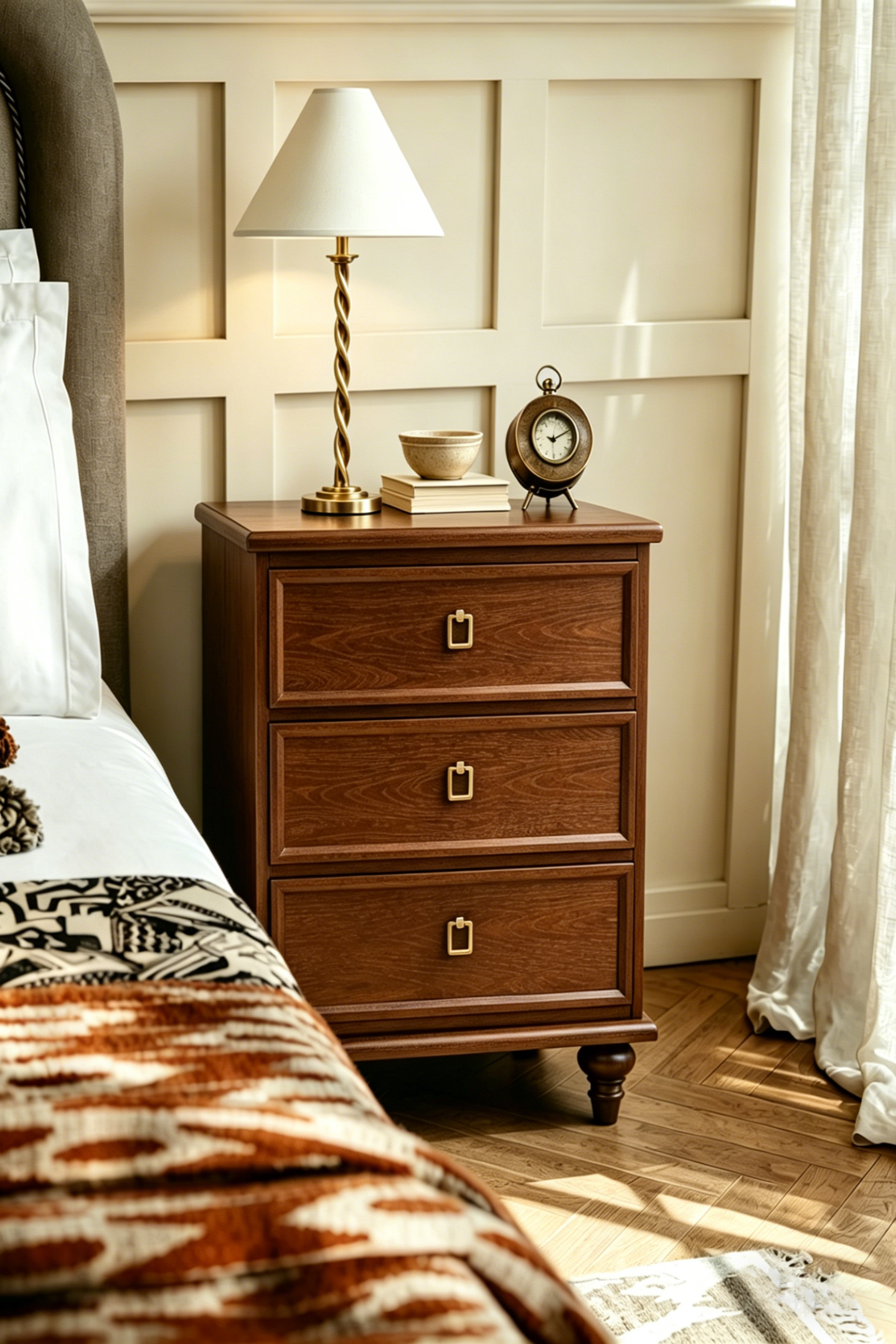 Vintage Wooden Nightstand with Turned Legs & Wrapped Round Corners, 3 Drawers and Charging Outlet, Fits Any Home Style