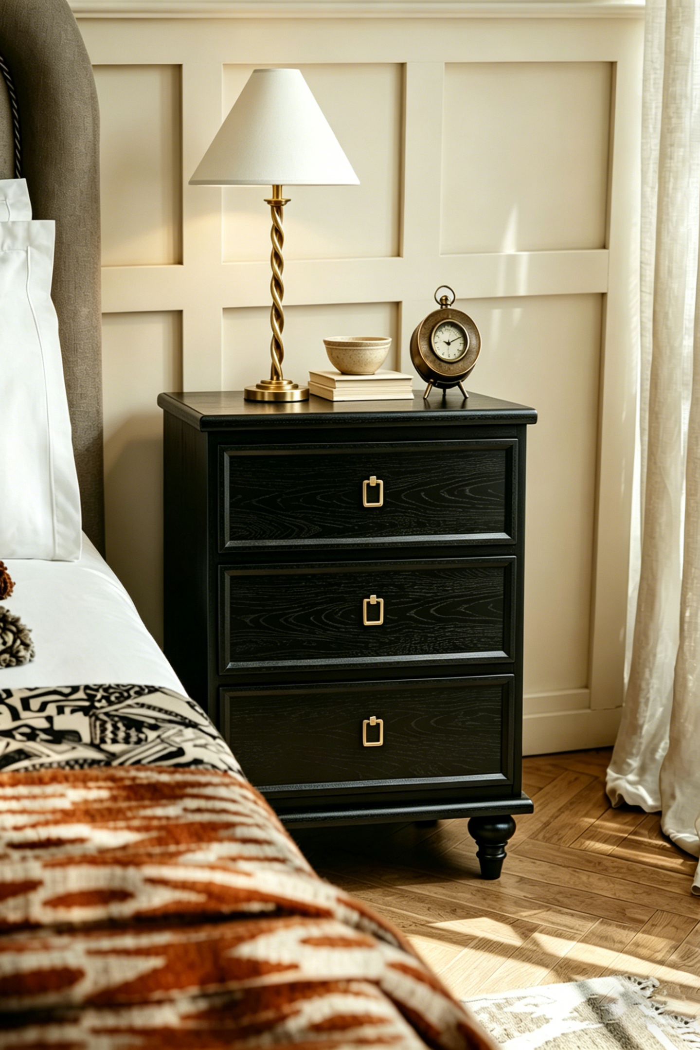 Vintage Wooden Nightstand with Turned Legs & Wrapped Round Corners, 3 Drawers and Charging Outlet, Fits Any Home Style