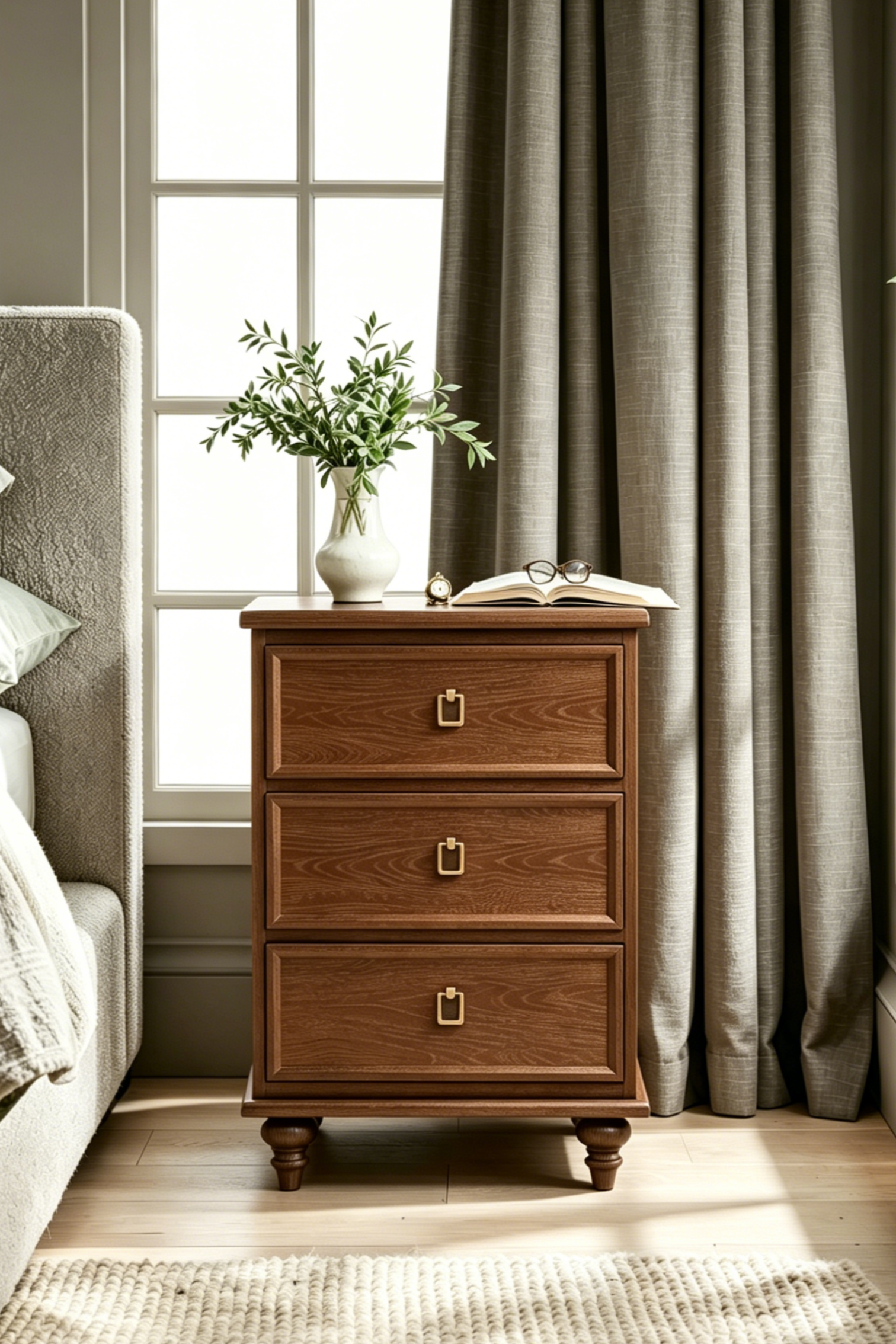 Vintage Wooden Nightstand with Turned Legs & Wrapped Round Corners, 3 Drawers and Charging Outlet, Fits Any Home Style