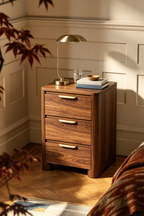 Modern Mid-Century Nightstand with Round Corners & Curved Metal Pulls, 3 Drawers and Charging Outlet