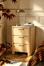 Modern Mid-Century Nightstand with Round Corners & Curved Metal Pulls, 3 Drawers and Charging Outlet