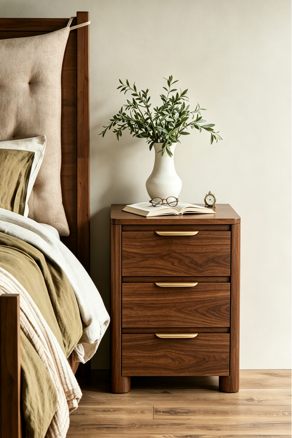 Modern Mid-Century Nightstand with Round Corners & Curved Metal Pulls, 3 Drawers and Charging Outlet