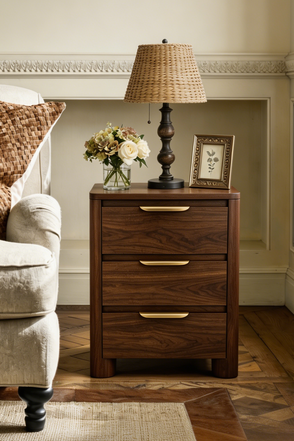 Modern Mid-Century Nightstand with Round Corners & Curved Metal Pulls, 3 Drawers and Charging Outlet