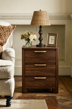 Modern Mid-Century Nightstand with Round Corners & Curved Metal Pulls, 3 Drawers and Charging Outlet