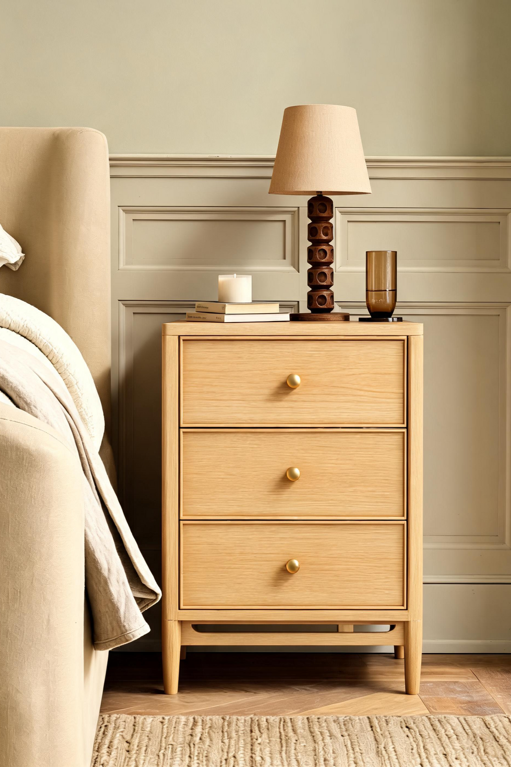 Modern Wooden Nightstand with Round Corners, 3 Drawers and Charging Outlet, Fits Any Home Style
