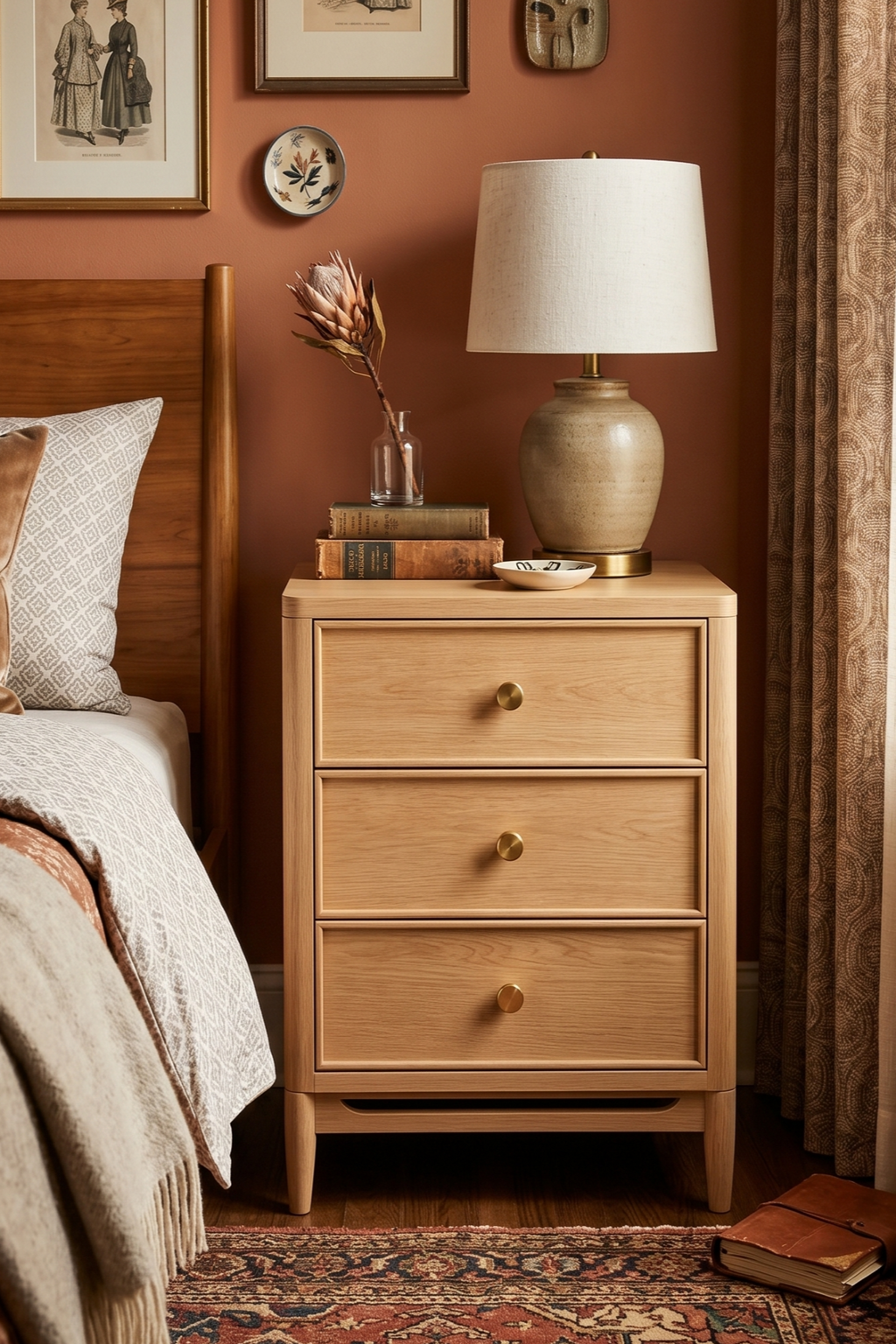 Modern Wooden Nightstand with Round Corners, 3 Drawers and Charging Outlet, Fits Any Home Style