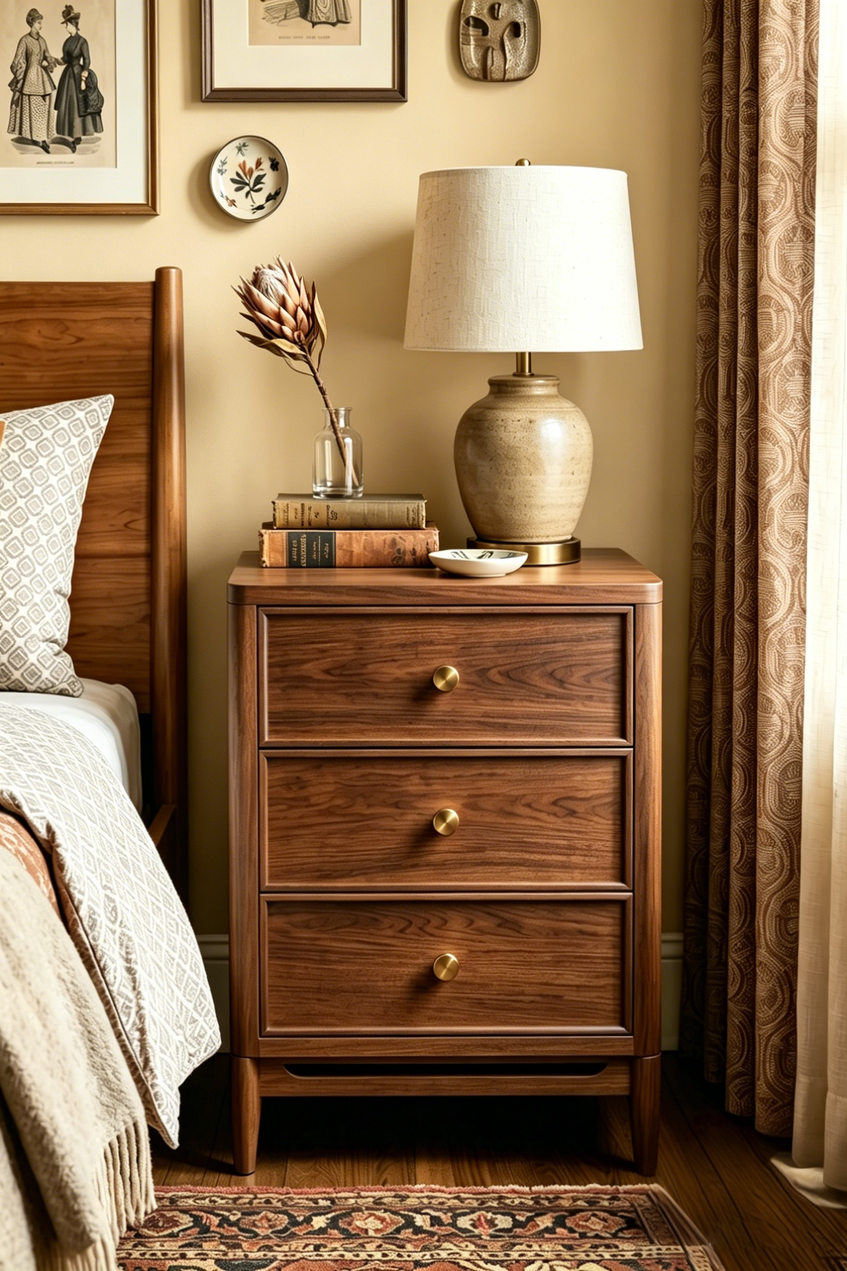 Modern Wooden Nightstand with Round Corners, 3 Drawers and Charging Outlet, Fits Any Home Style