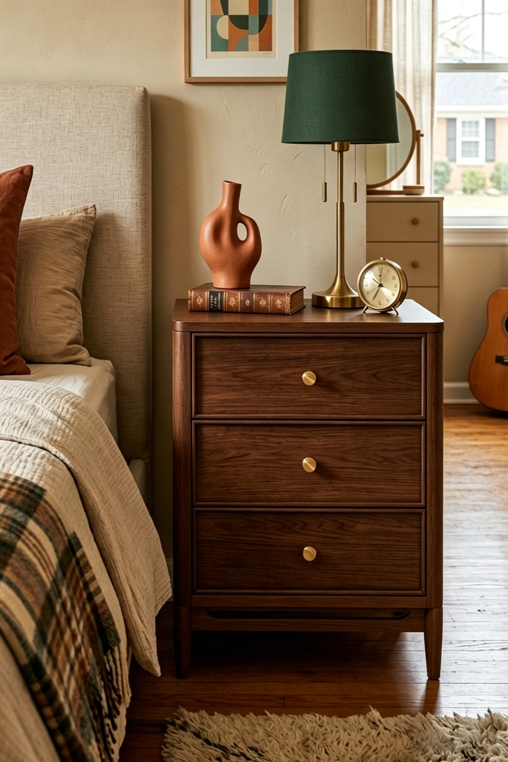 Modern Wooden Nightstand with Round Corners, 3 Drawers and Charging Outlet, Fits Any Home Style