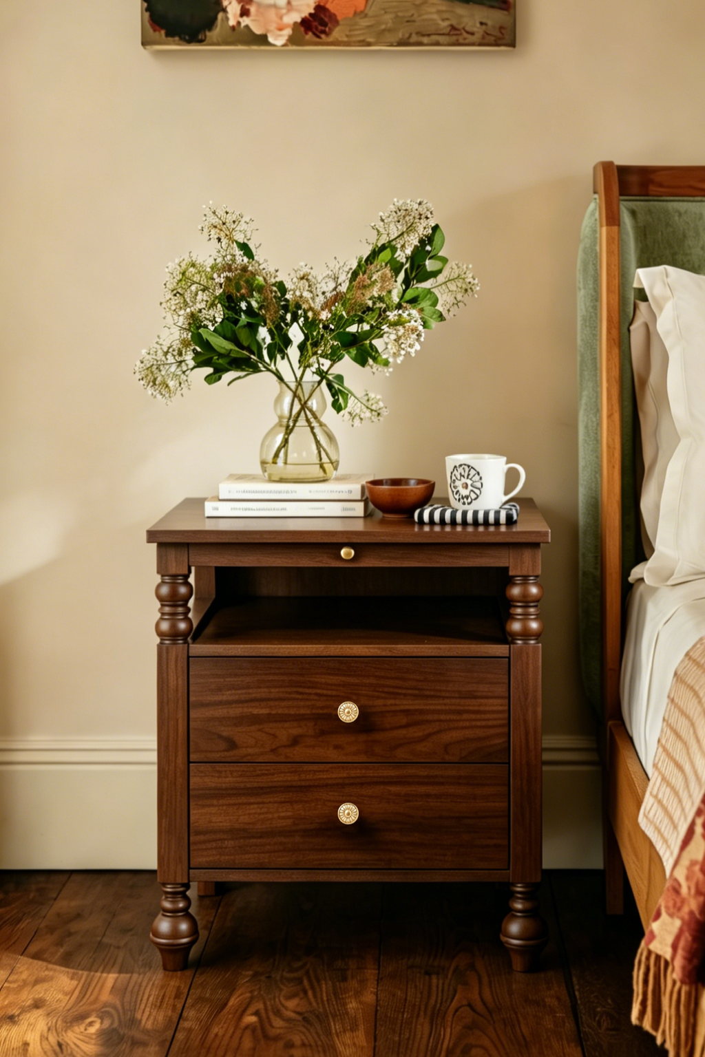 Vintage Wooden Nightstand with Traditional Turned Legs & Fluted Column Design, 2 Drawers and Charging Outlet