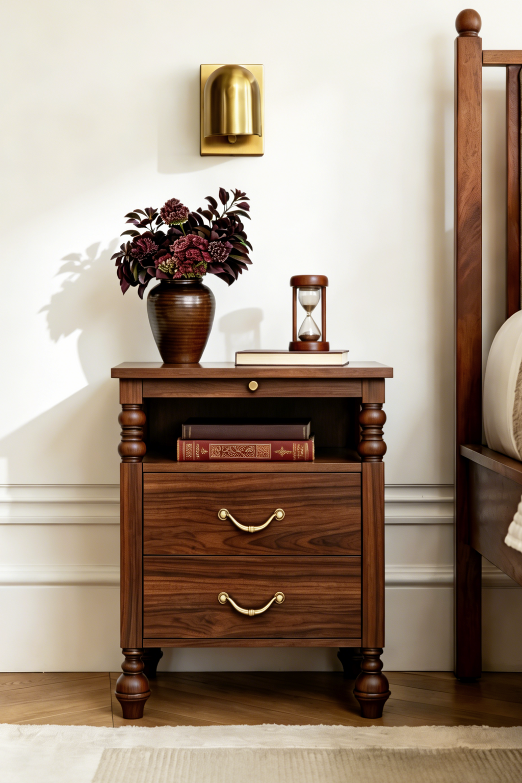 Vintage Wooden Nightstand with Traditional Turned Legs & Fluted Column Design, 2 Drawers and Charging Outlet