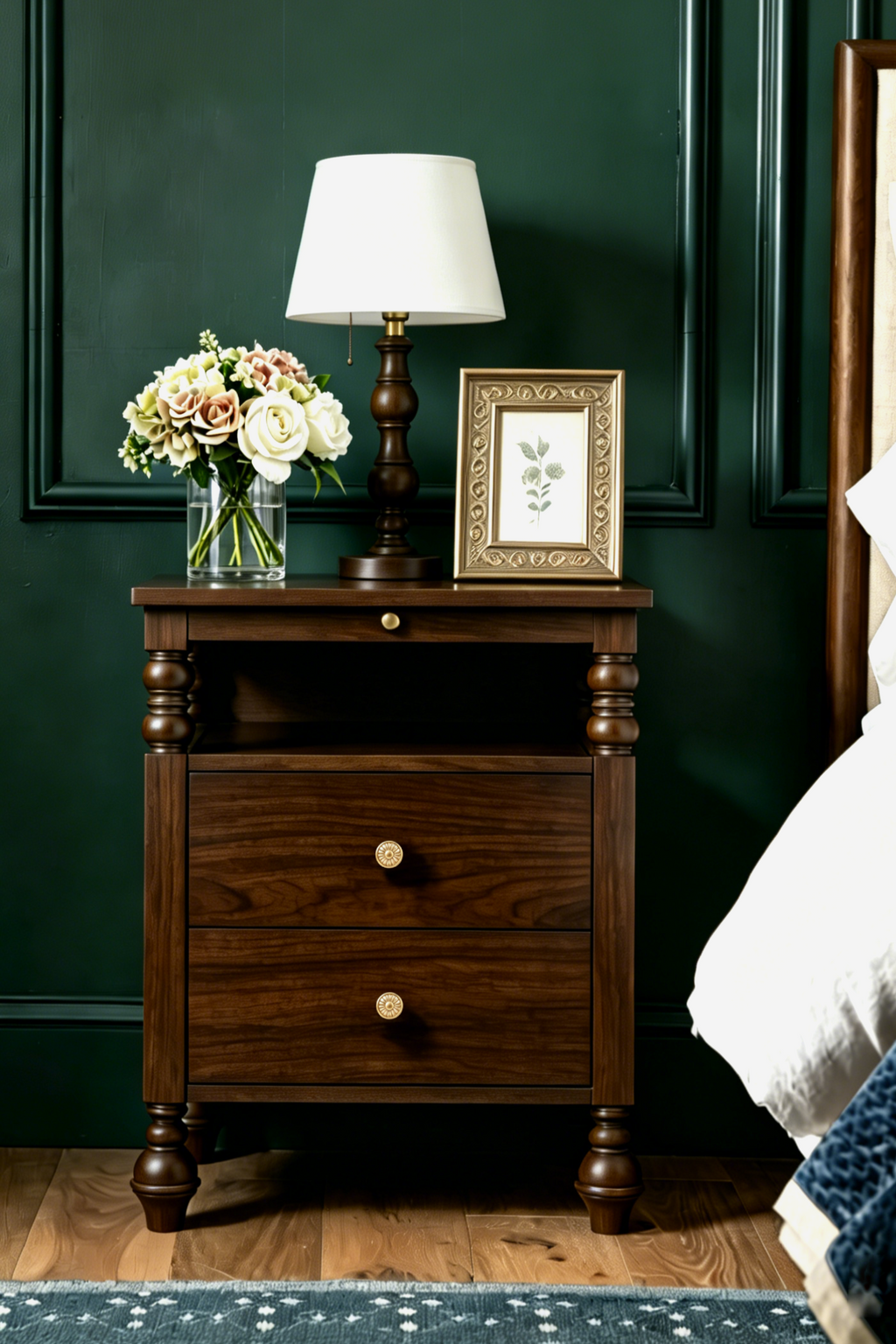 Vintage Wooden Nightstand with Traditional Turned Legs & Fluted Column Design, 2 Drawers and Charging Outlet
