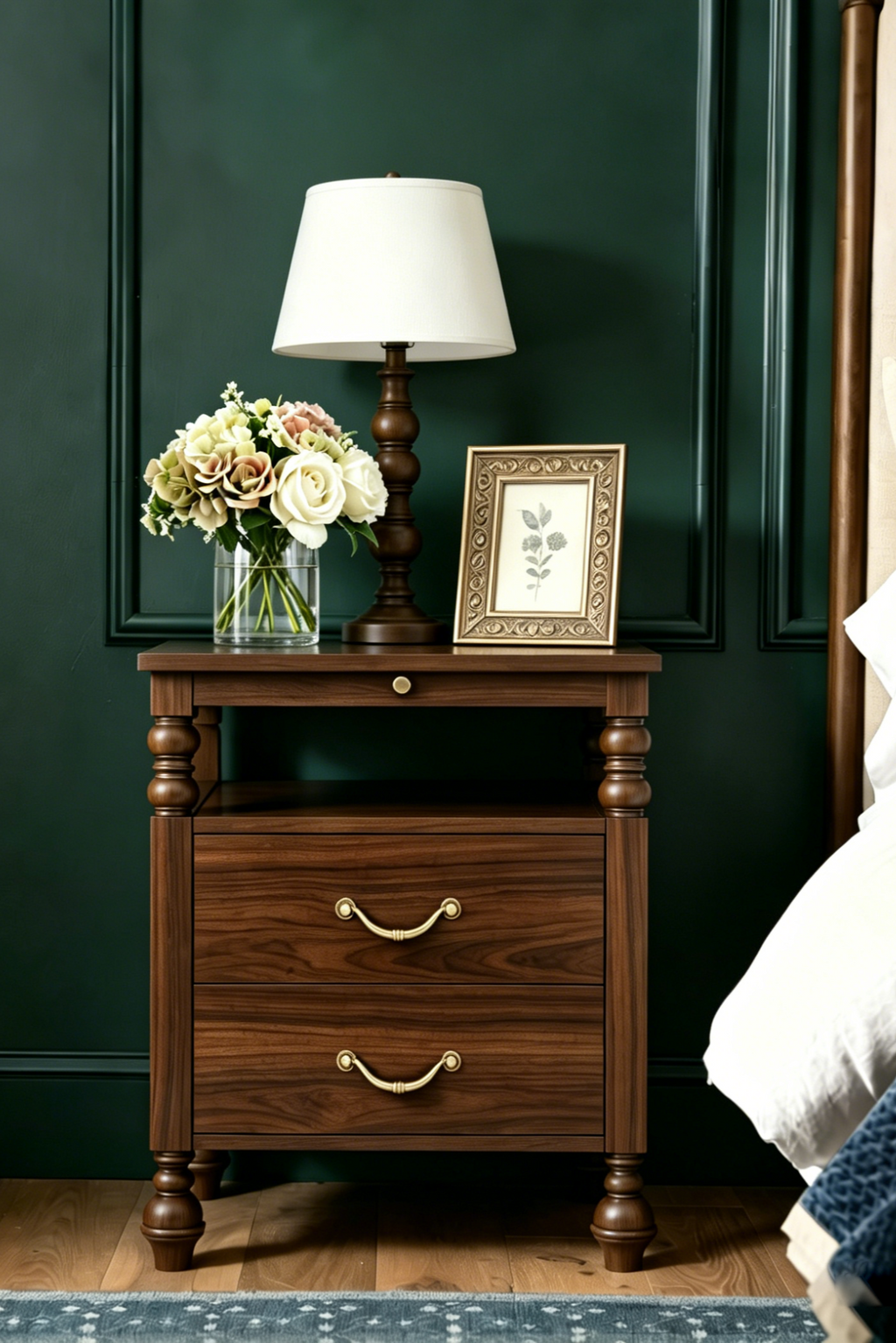 Vintage Wooden Nightstand with Traditional Turned Legs & Fluted Column Design, 2 Drawers and Charging Outlet