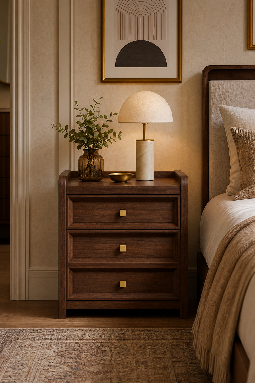 Modern Wooden Nightstand with Mid-Century Tone, Gallery Rail Top, 3 Drawers and Charging Outlet, Fits Any Home Style