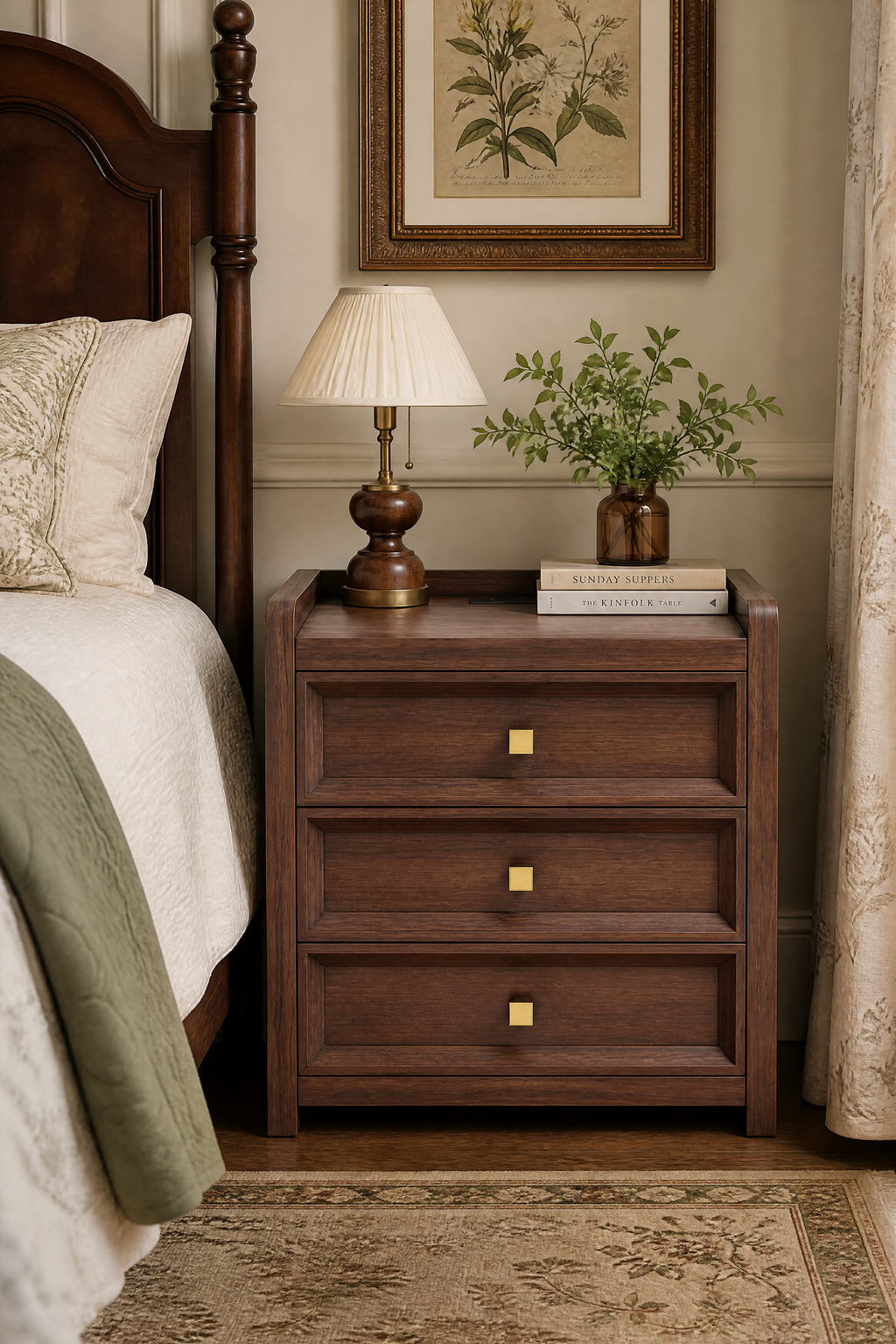 Modern Wooden Nightstand with Mid-Century Tone, Gallery Rail Top, 3 Drawers and Charging Outlet, Fits Any Home Style