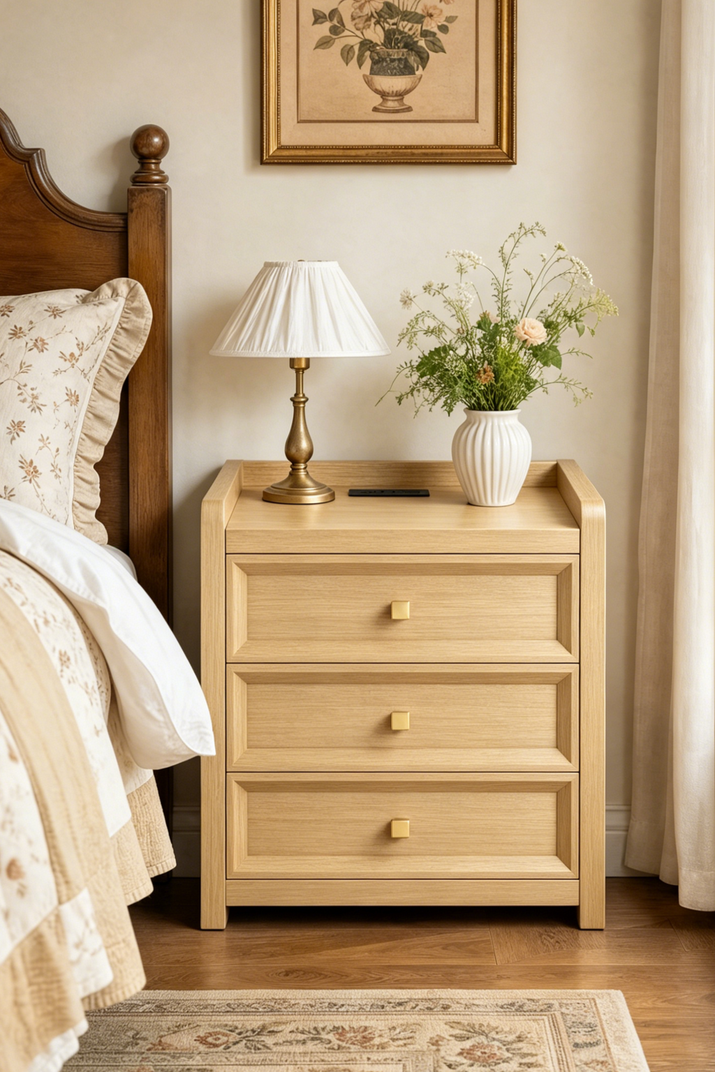 Modern Wooden Nightstand with Mid-Century Tone, Gallery Rail Top, 3 Drawers and Charging Outlet, Fits Any Home Style