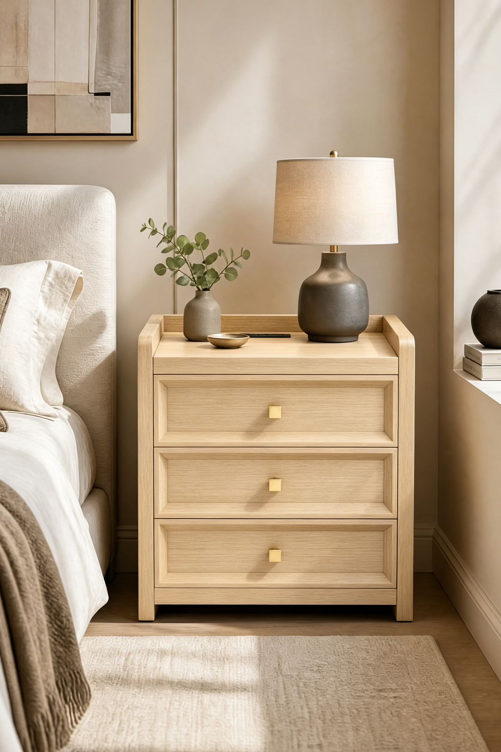 Modern Wooden Nightstand with Mid-Century Tone, Gallery Rail Top, 3 Drawers and Charging Outlet, Fits Any Home Style