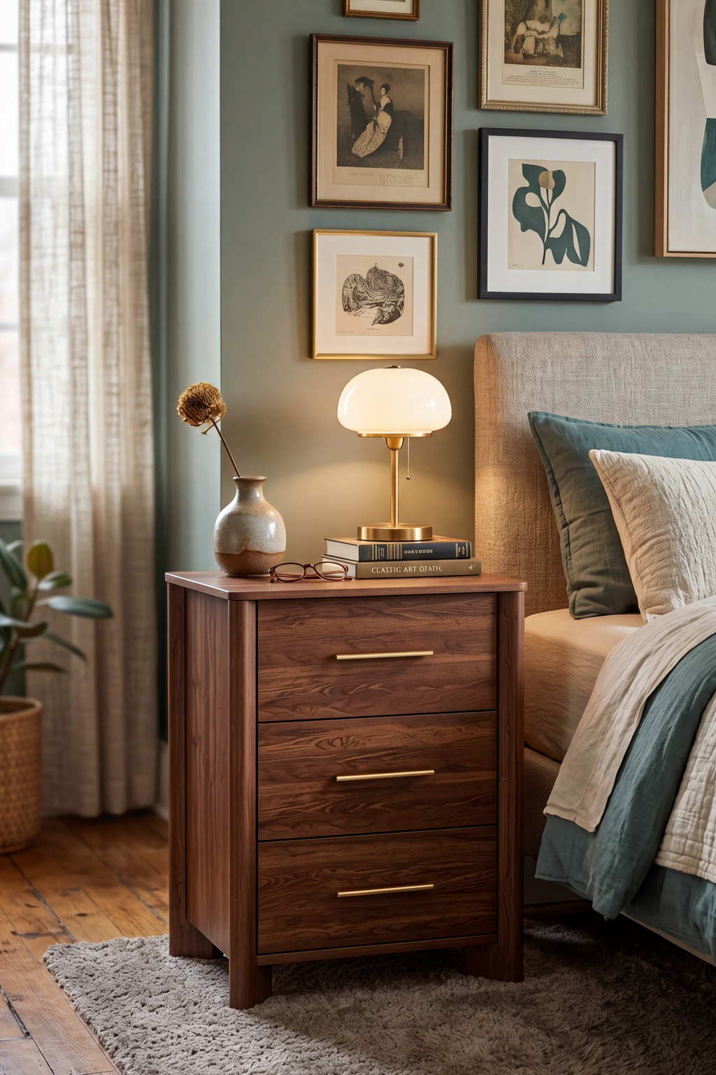 Modern Wooden Nightstand with Round Corners, 3 Drawers and Charging Outlet, Fits Any Home Style