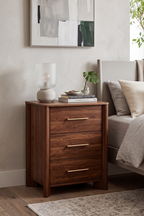 Modern Wooden Nightstand with Round Corners, 3 Drawers and Charging Outlet, Fits Any Home Style