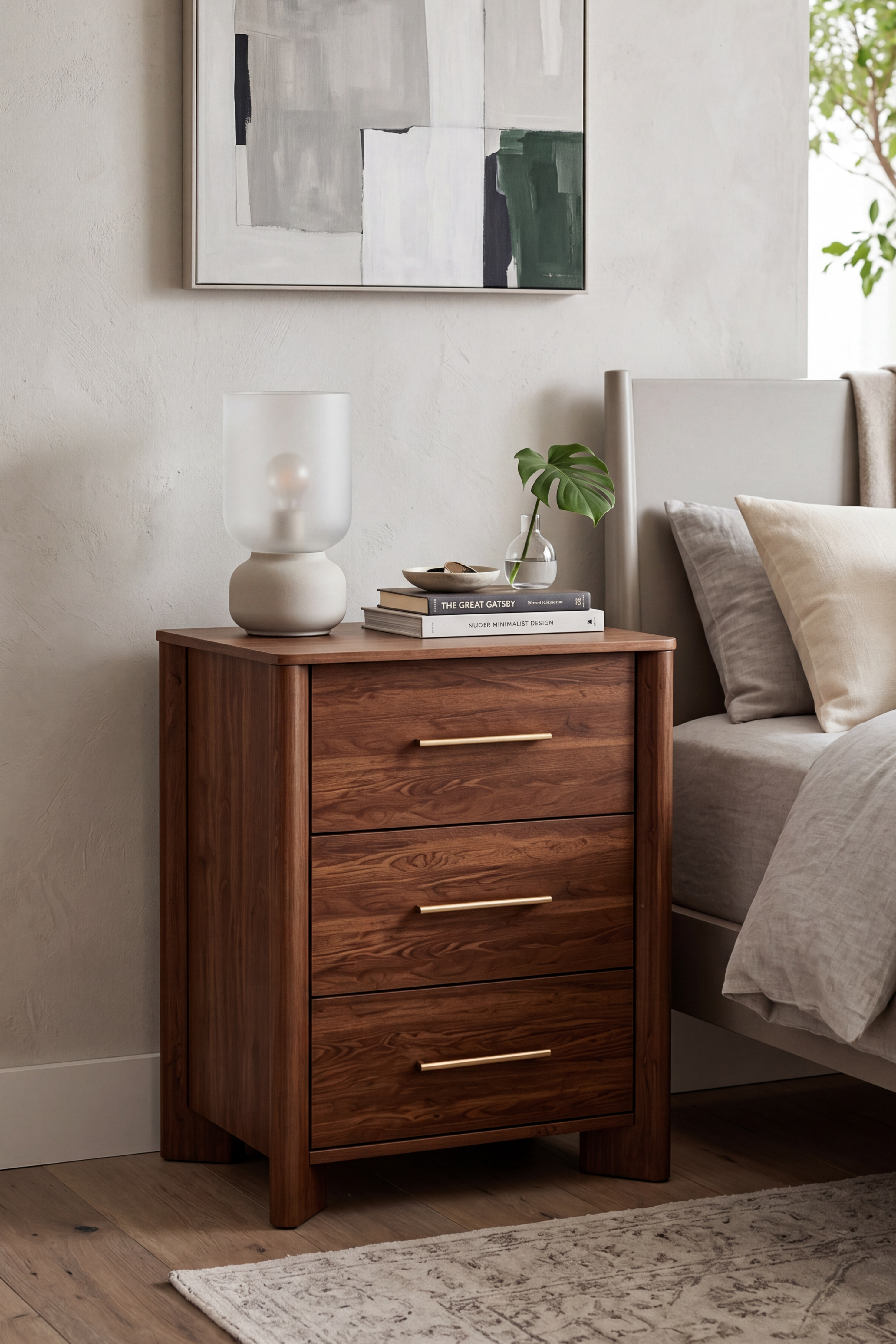 Modern Wooden Nightstand with Round Corners, 3 Drawers and Charging Outlet, Fits Any Home Style