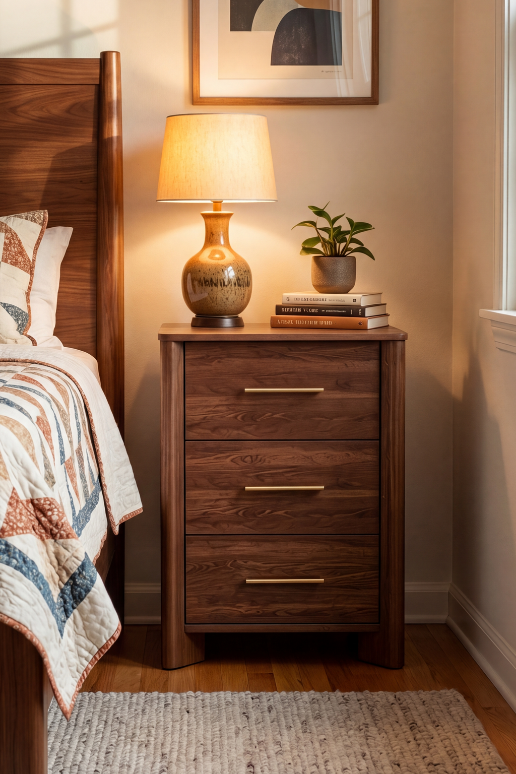 Modern Wooden Nightstand with Round Corners, 3 Drawers and Charging Outlet, Fits Any Home Style