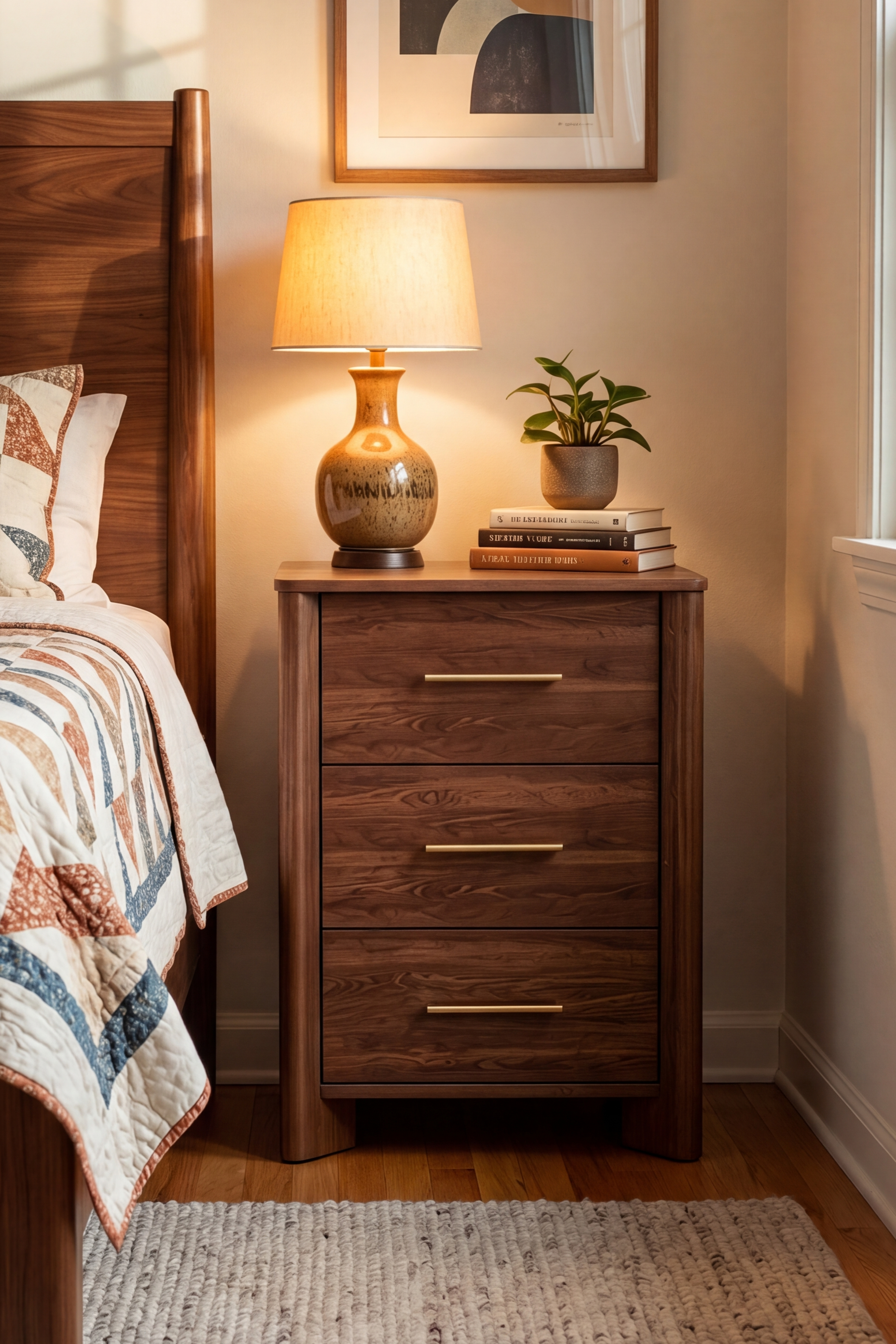 Modern Wooden Nightstand with Round Corners, 3 Drawers and Charging Outlet, Fits Any Home Style