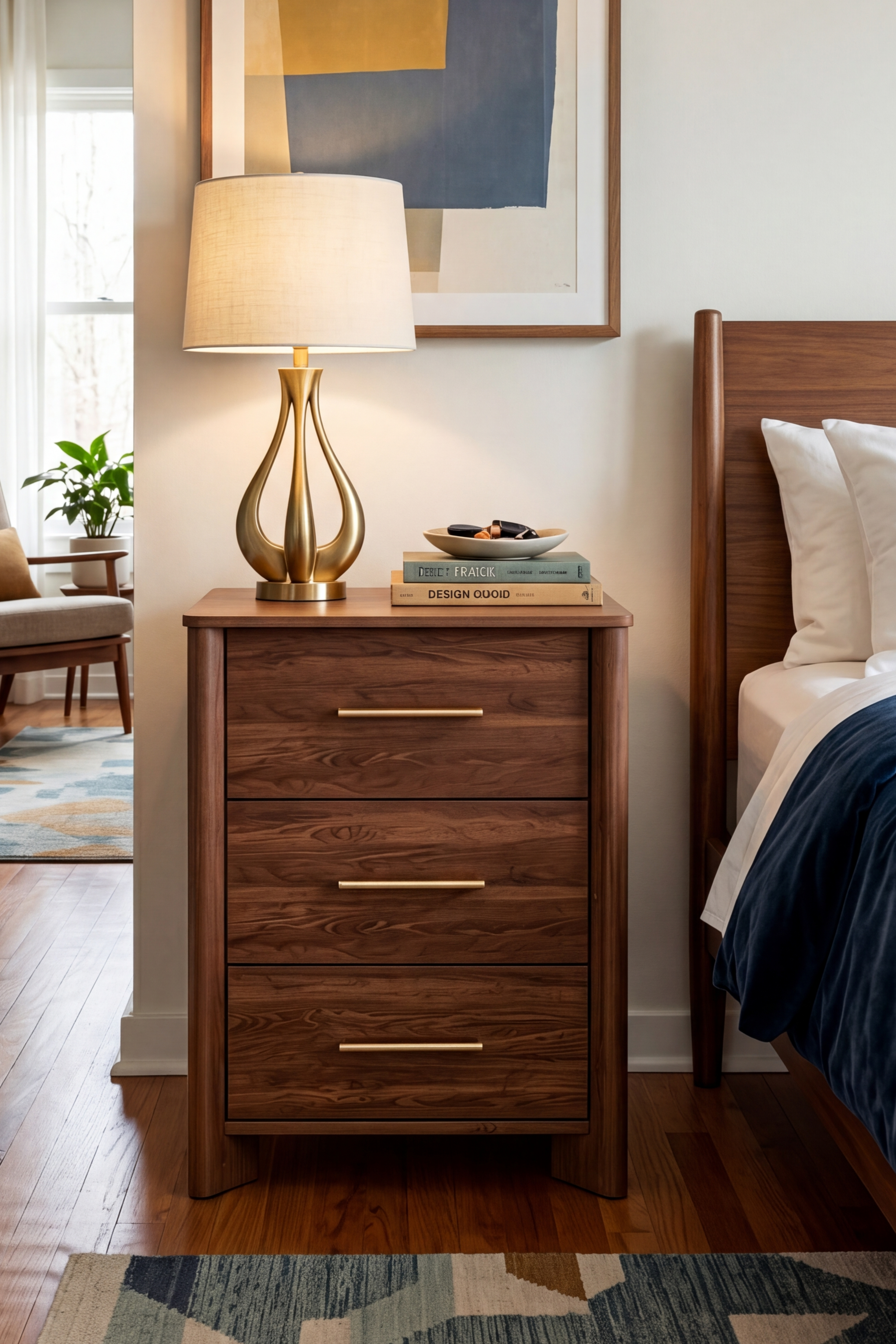 Modern Wooden Nightstand with Round Corners, 3 Drawers and Charging Outlet, Fits Any Home Style