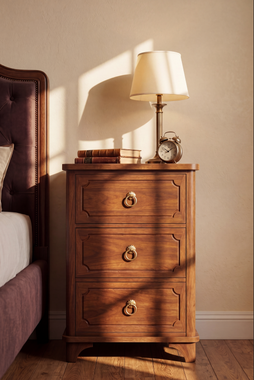 Vintage Mid-Century Wooden Nightstand with Solid Wood Curved Legs & Gallery Rail, Fluted Groove Accents on Drawer Fronts, Gold Pulls, 3 Drawers and Charging Outlet, Fits Any Home Style