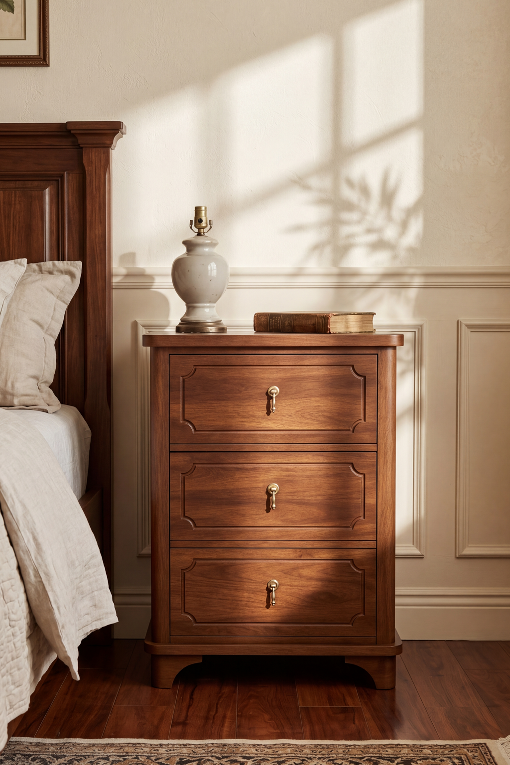 Traditional 3-Drawer Wooden Nightstand | Raised Panel Bedside Cabinet with Curved Corners & Brass Pulls