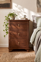 Traditional 3-Drawer Wooden Nightstand | Raised Panel Bedside Cabinet with Curved Corners & Brass Pulls