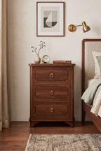 Vintage Mid-Century Wooden Nightstand with Solid Wood Curved Legs & Gallery Rail, Fluted Groove Accents on Drawer Fronts, Gold Pulls, 3 Drawers and Charging Outlet, Fits Any Home Style