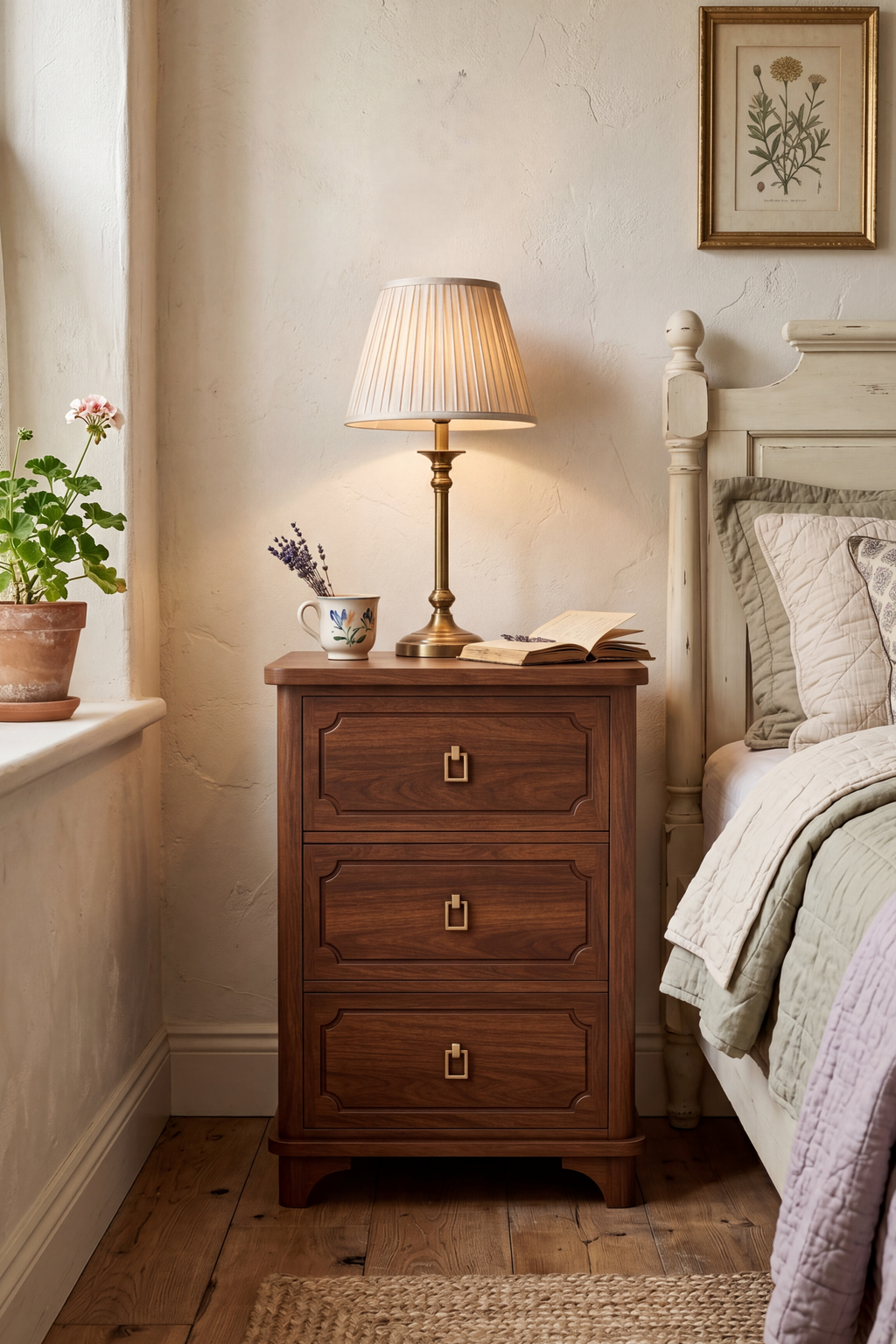 Vintage Mid-Century Wooden Nightstand with Solid Wood Curved Legs & Gallery Rail, Fluted Groove Accents on Drawer Fronts, Gold Pulls, 3 Drawers and Charging Outlet, Fits Any Home Style