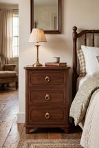 Vintage Mid-Century Wooden Nightstand with Solid Wood Curved Legs & Gallery Rail, Fluted Groove Accents on Drawer Fronts, Gold Pulls, 3 Drawers and Charging Outlet, Fits Any Home Style