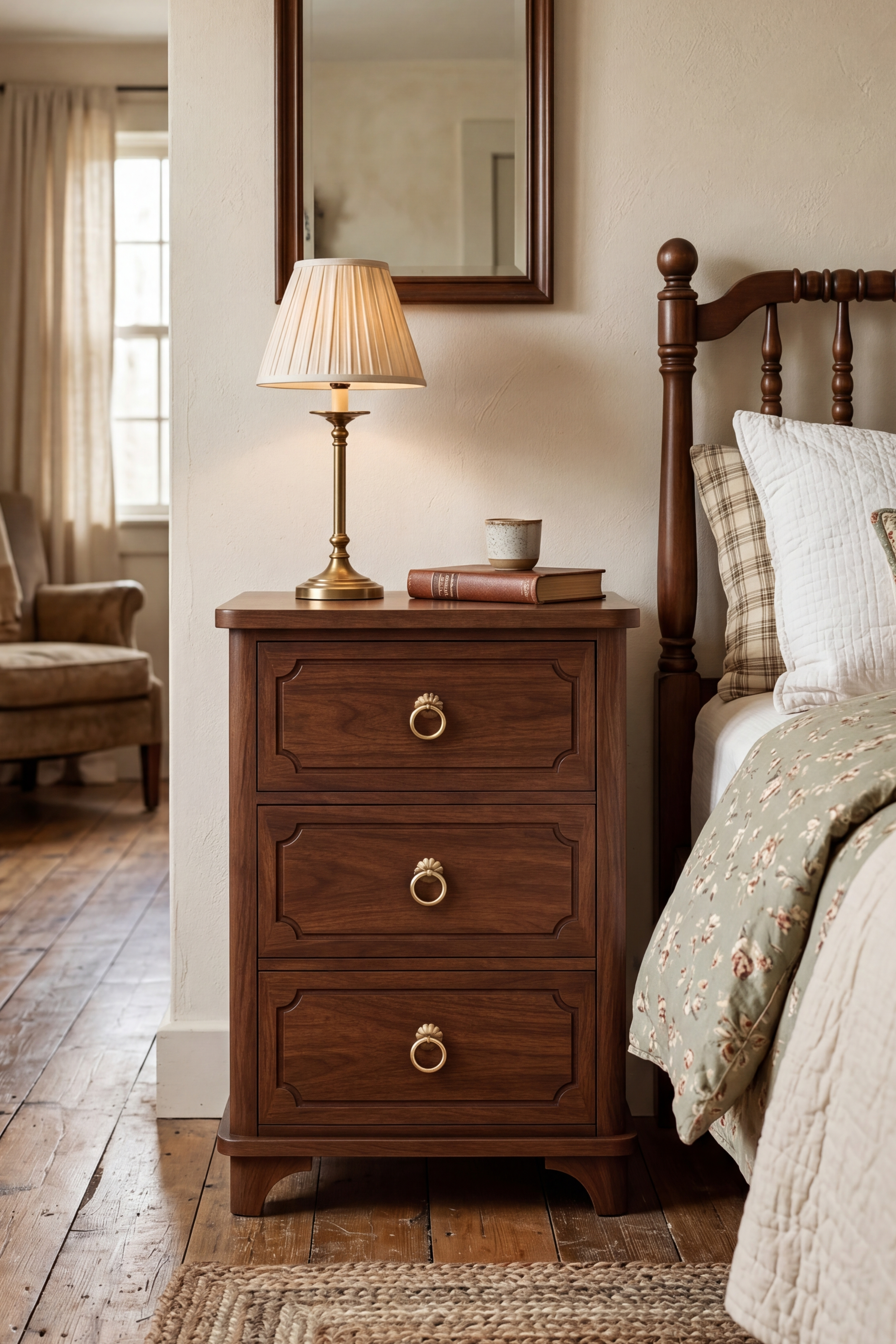 Vintage Mid-Century Wooden Nightstand with Solid Wood Curved Legs & Gallery Rail, Fluted Groove Accents on Drawer Fronts, Gold Pulls, 3 Drawers and Charging Outlet, Fits Any Home Style